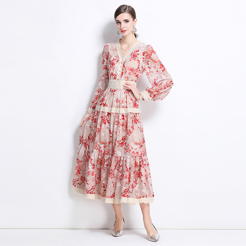 CM-DY058235 Women Elegant European Style V-Neck Long Sleeve Medium Waist Lace Midi Dress
