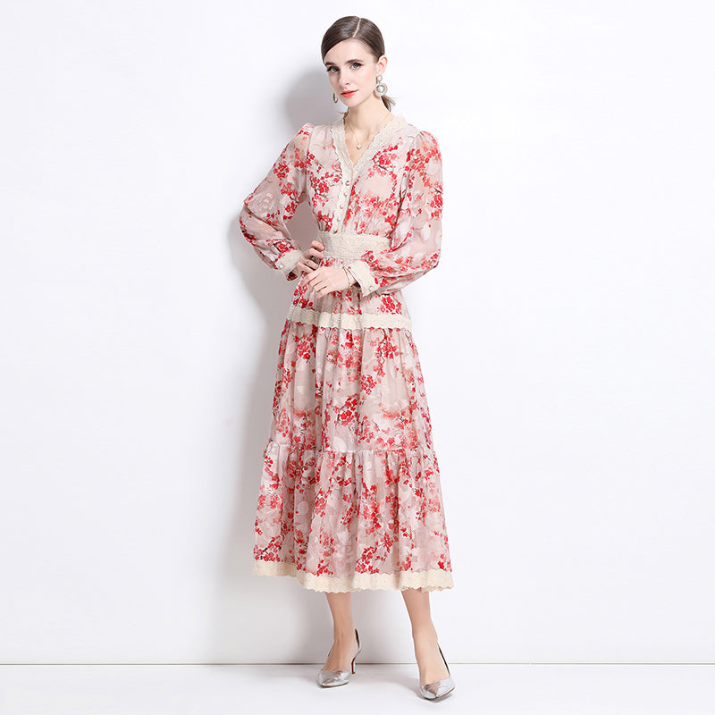 CM-DY058235 Women Elegant European Style V-Neck Long Sleeve Medium Waist Lace Midi Dress