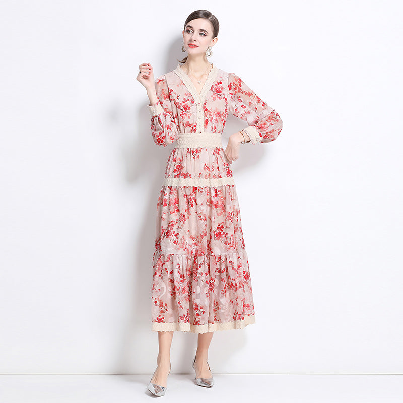 CM-DY058235 Women Elegant European Style V-Neck Long Sleeve Medium Waist Lace Midi Dress