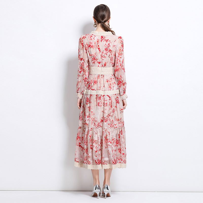 CM-DY058235 Women Elegant European Style V-Neck Long Sleeve Medium Waist Lace Midi Dress