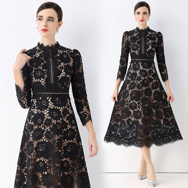 CM-DY058236 Women Elegant European Style Round Neck 3/4 Sleeve Hollow Out Slim Mid-Length Dress - Black
