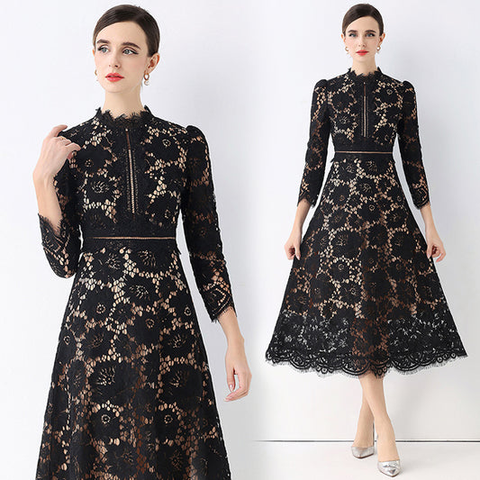 CM-DY058236 Women Elegant European Style Round Neck 3/4 Sleeve Hollow Out Slim Mid-Length Dress - Black