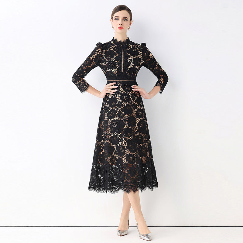 CM-DY058236 Women Elegant European Style Round Neck 3/4 Sleeve Hollow Out Slim Mid-Length Dress - Black