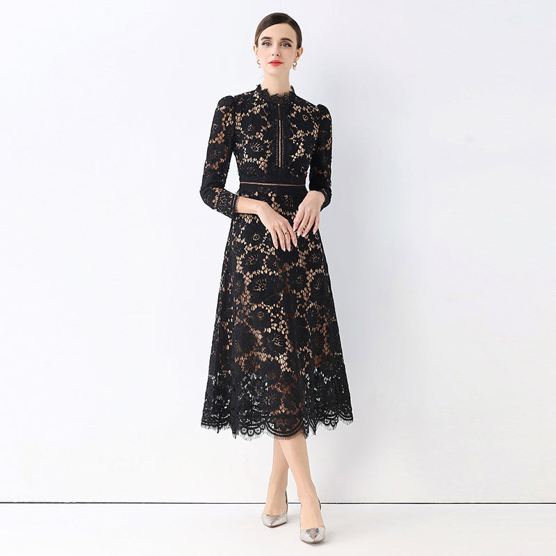 CM-DY058236 Women Elegant European Style Round Neck 3/4 Sleeve Hollow Out Slim Mid-Length Dress - Black