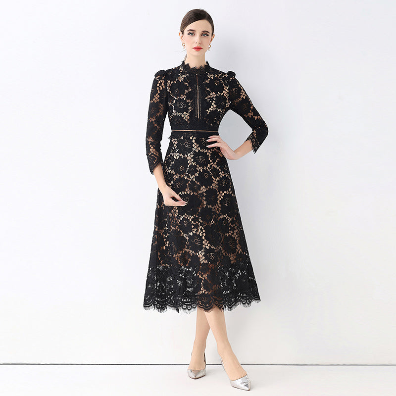 CM-DY058236 Women Elegant European Style Round Neck 3/4 Sleeve Hollow Out Slim Mid-Length Dress - Black