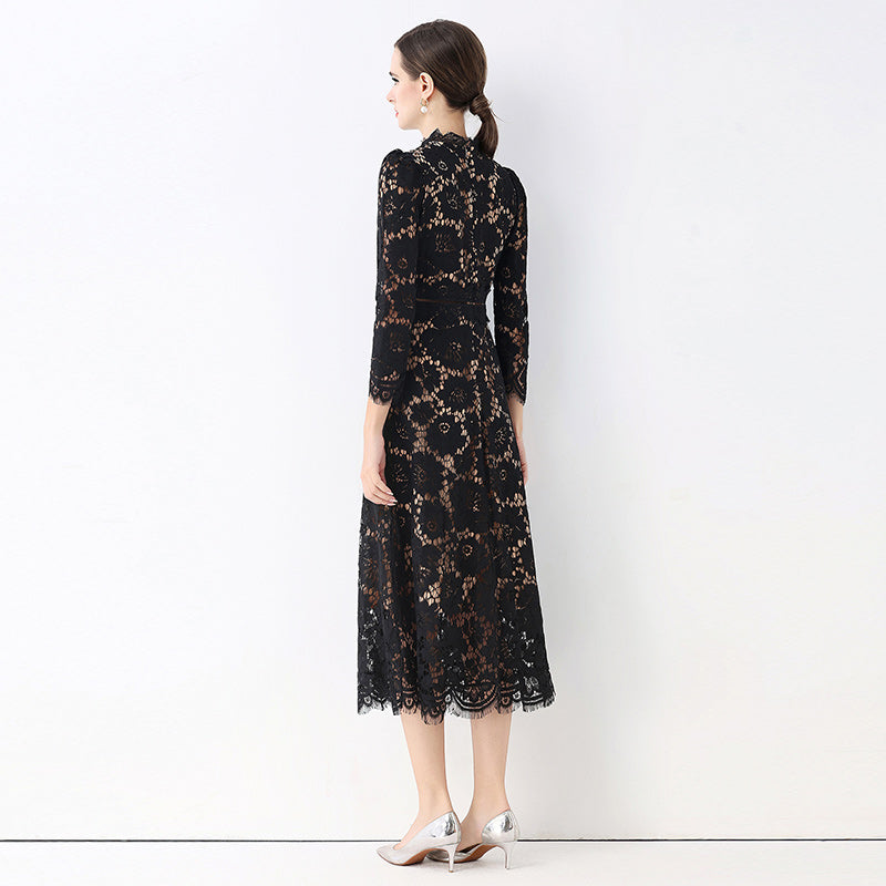 CM-DY058236 Women Elegant European Style Round Neck 3/4 Sleeve Hollow Out Slim Mid-Length Dress - Black