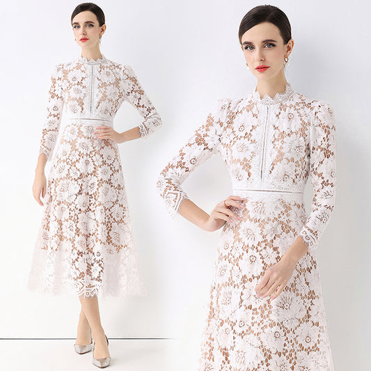 CM-DY058237 Women Elegant European Style Round Neck 3/4 Sleeve Hollow Out Slim Mid-Length Dress - White