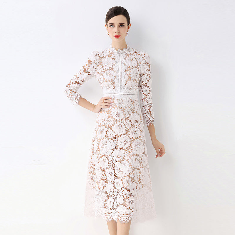 CM-DY058237 Women Elegant European Style Round Neck 3/4 Sleeve Hollow Out Slim Mid-Length Dress - White