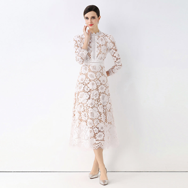 CM-DY058237 Women Elegant European Style Round Neck 3/4 Sleeve Hollow Out Slim Mid-Length Dress - White