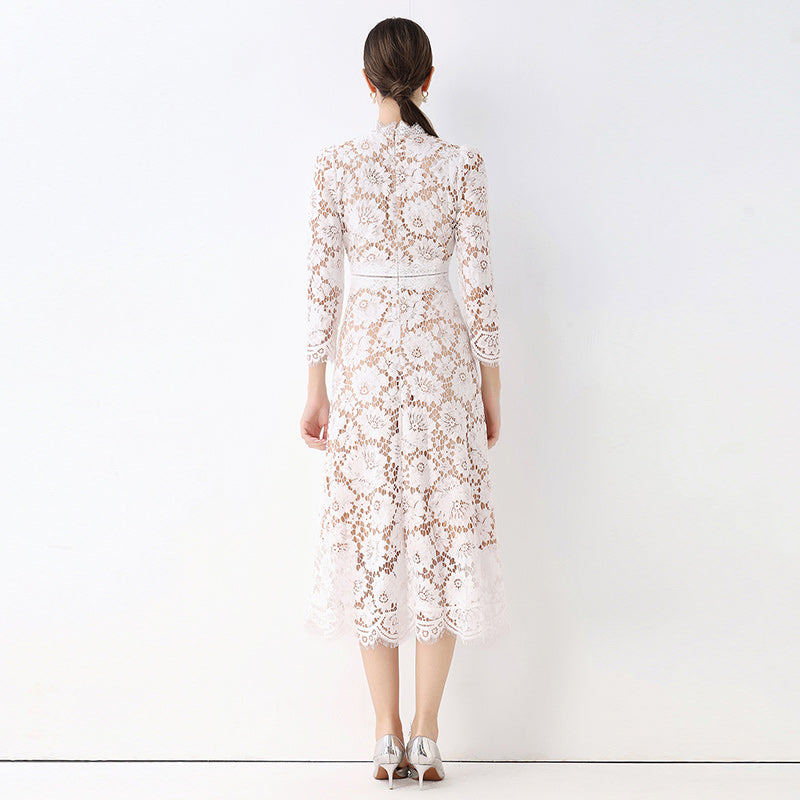CM-DY058237 Women Elegant European Style Round Neck 3/4 Sleeve Hollow Out Slim Mid-Length Dress - White