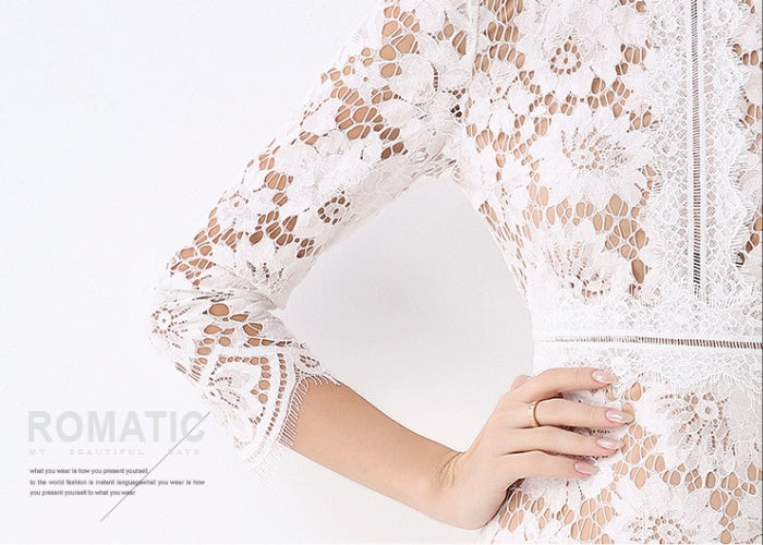 CM-DY058237 Women Elegant European Style Round Neck 3/4 Sleeve Hollow Out Slim Mid-Length Dress - White