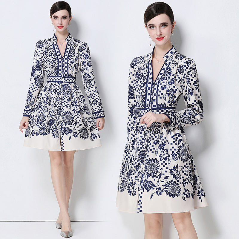 CM-DY058538 Women Elegant European Style V-Neck Long Sleeve All-Over Print Slim Mini Dress - Blue