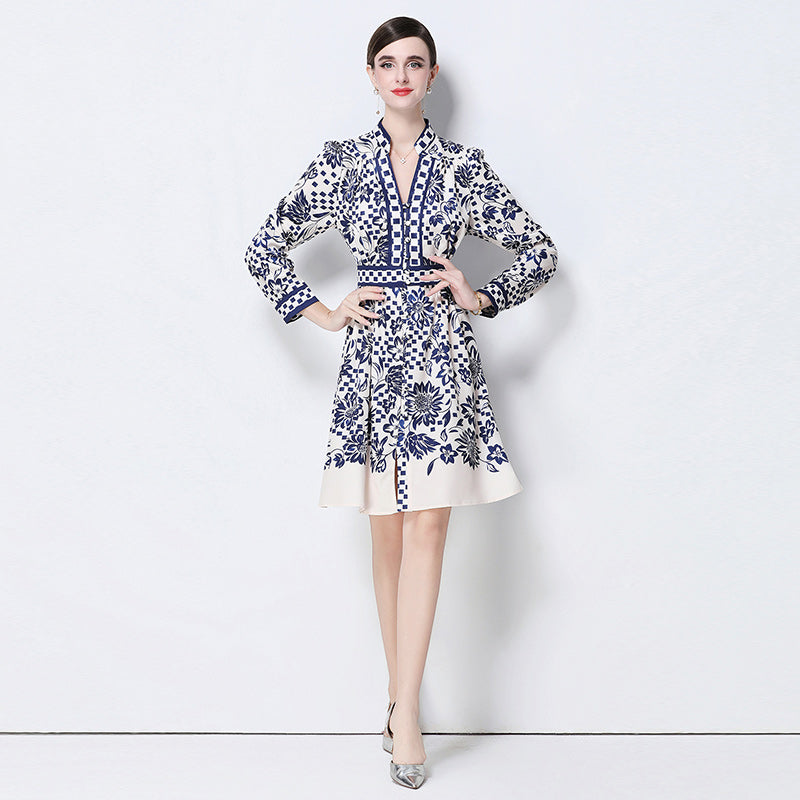 CM-DY058538 Women Elegant European Style V-Neck Long Sleeve All-Over Print Slim Mini Dress - Blue