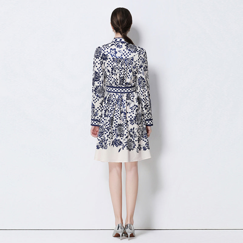 CM-DY058538 Women Elegant European Style V-Neck Long Sleeve All-Over Print Slim Mini Dress - Blue