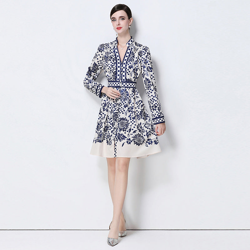 CM-DY058538 Women Elegant European Style V-Neck Long Sleeve All-Over Print Slim Mini Dress - Blue