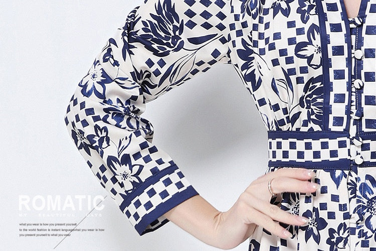 CM-DY058538 Women Elegant European Style V-Neck Long Sleeve All-Over Print Slim Mini Dress - Blue