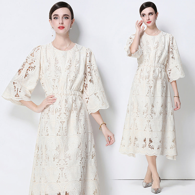 CM-DY058539 Women Elegant European Style Round Neck 3/4 Sleeve Lace Midi Dress - Beige