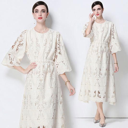 CM-DY058539 Women Elegant European Style Round Neck 3/4 Sleeve Lace Midi Dress - Beige