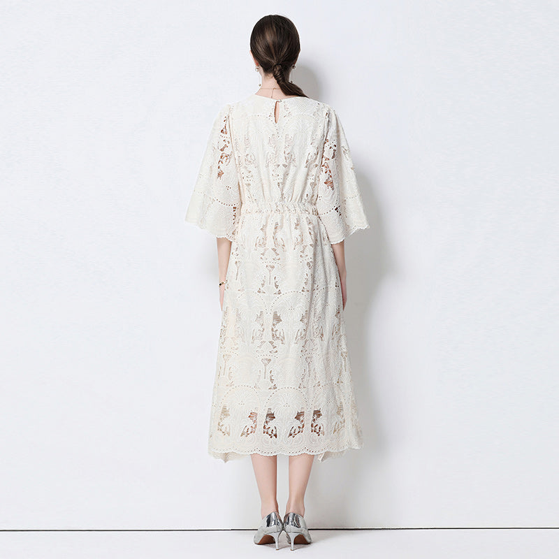 CM-DY058539 Women Elegant European Style Round Neck 3/4 Sleeve Lace Midi Dress - Beige