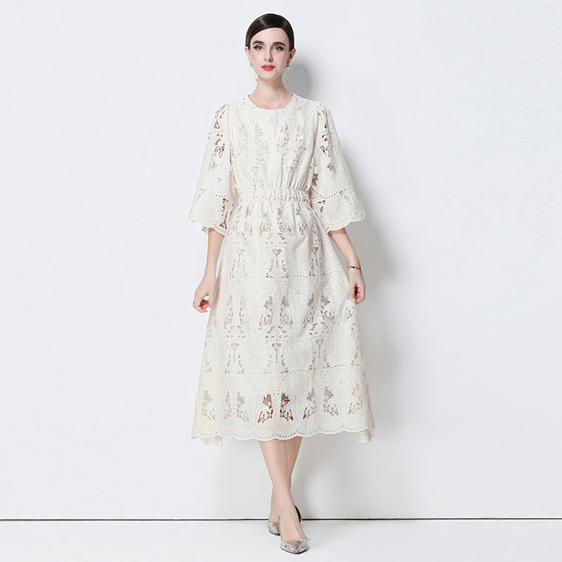 CM-DY058539 Women Elegant European Style Round Neck 3/4 Sleeve Lace Midi Dress - Beige