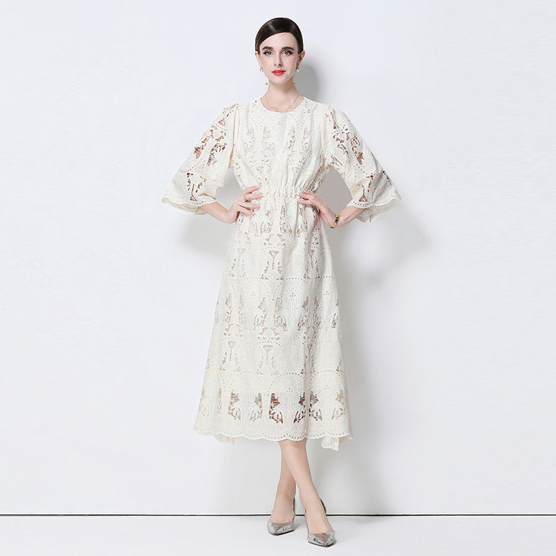 CM-DY058539 Women Elegant European Style Round Neck 3/4 Sleeve Lace Midi Dress - Beige