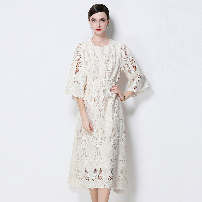 CM-DY058539 Women Elegant European Style Round Neck 3/4 Sleeve Lace Midi Dress - Beige