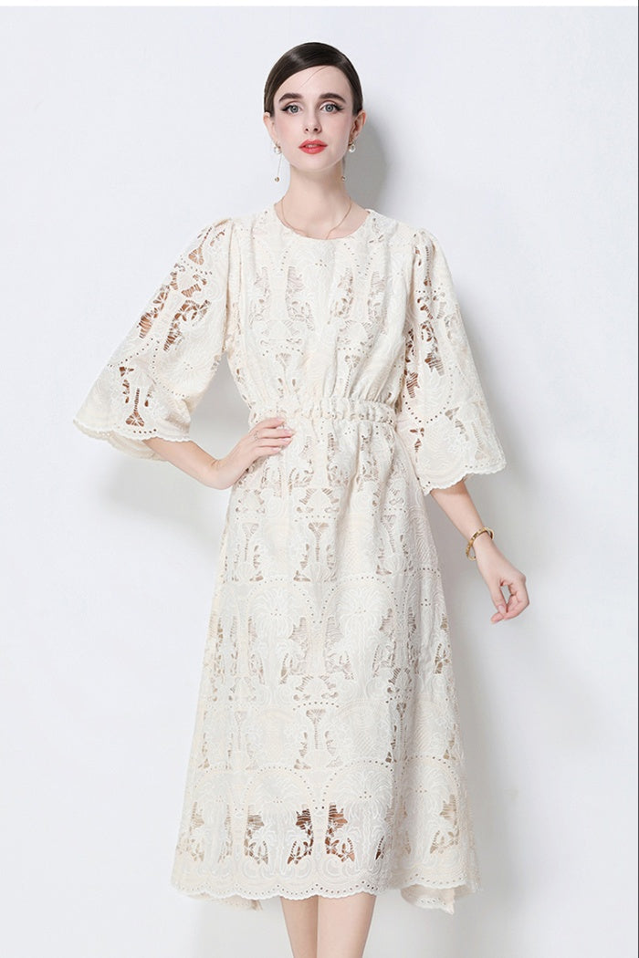 CM-DY058539 Women Elegant European Style Round Neck 3/4 Sleeve Lace Midi Dress - Beige