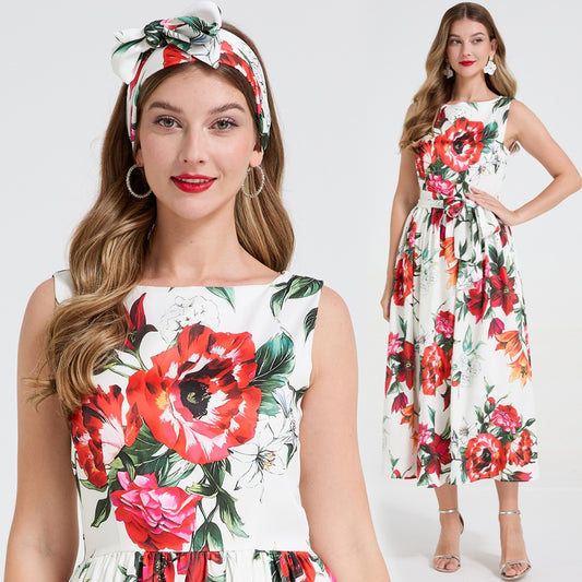 CM-DY058665 Women Elegant European Style Round Neck Sleeveless Floral Print Bow Decor Pinched Waist Dress
