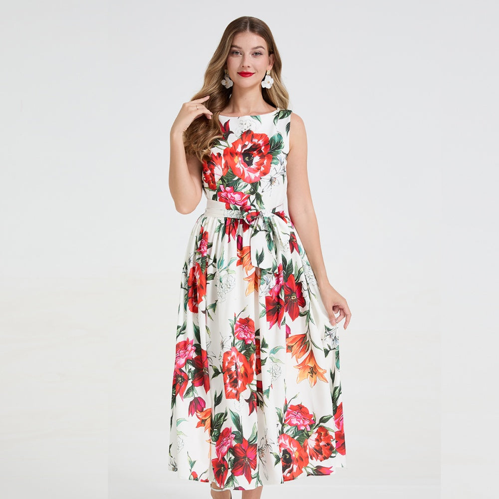 CM-DY058665 Women Elegant European Style Round Neck Sleeveless Floral Print Bow Decor Pinched Waist Dress