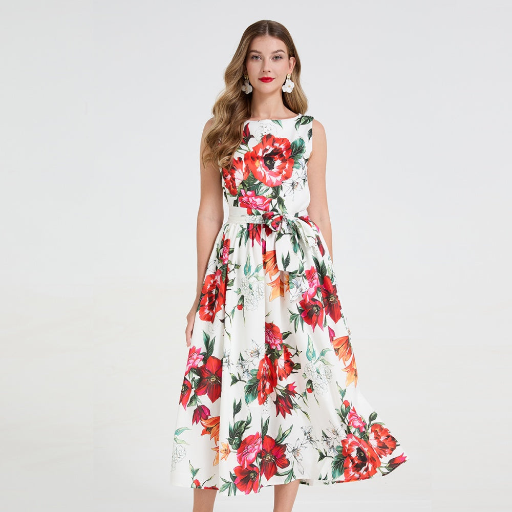 CM-DY058665 Women Elegant European Style Round Neck Sleeveless Floral Print Bow Decor Pinched Waist Dress