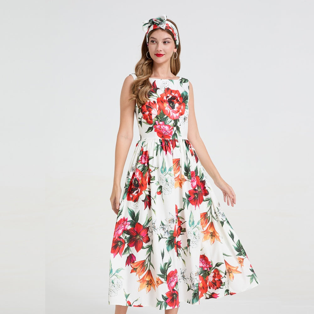 CM-DY058665 Women Elegant European Style Round Neck Sleeveless Floral Print Bow Decor Pinched Waist Dress