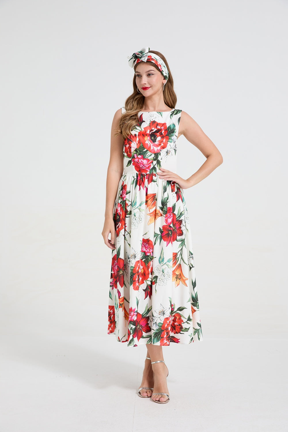 CM-DY058665 Women Elegant European Style Round Neck Sleeveless Floral Print Bow Decor Pinched Waist Dress