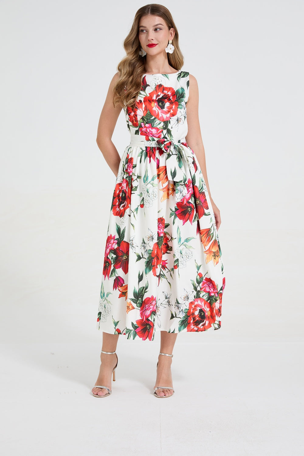 CM-DY058665 Women Elegant European Style Round Neck Sleeveless Floral Print Bow Decor Pinched Waist Dress