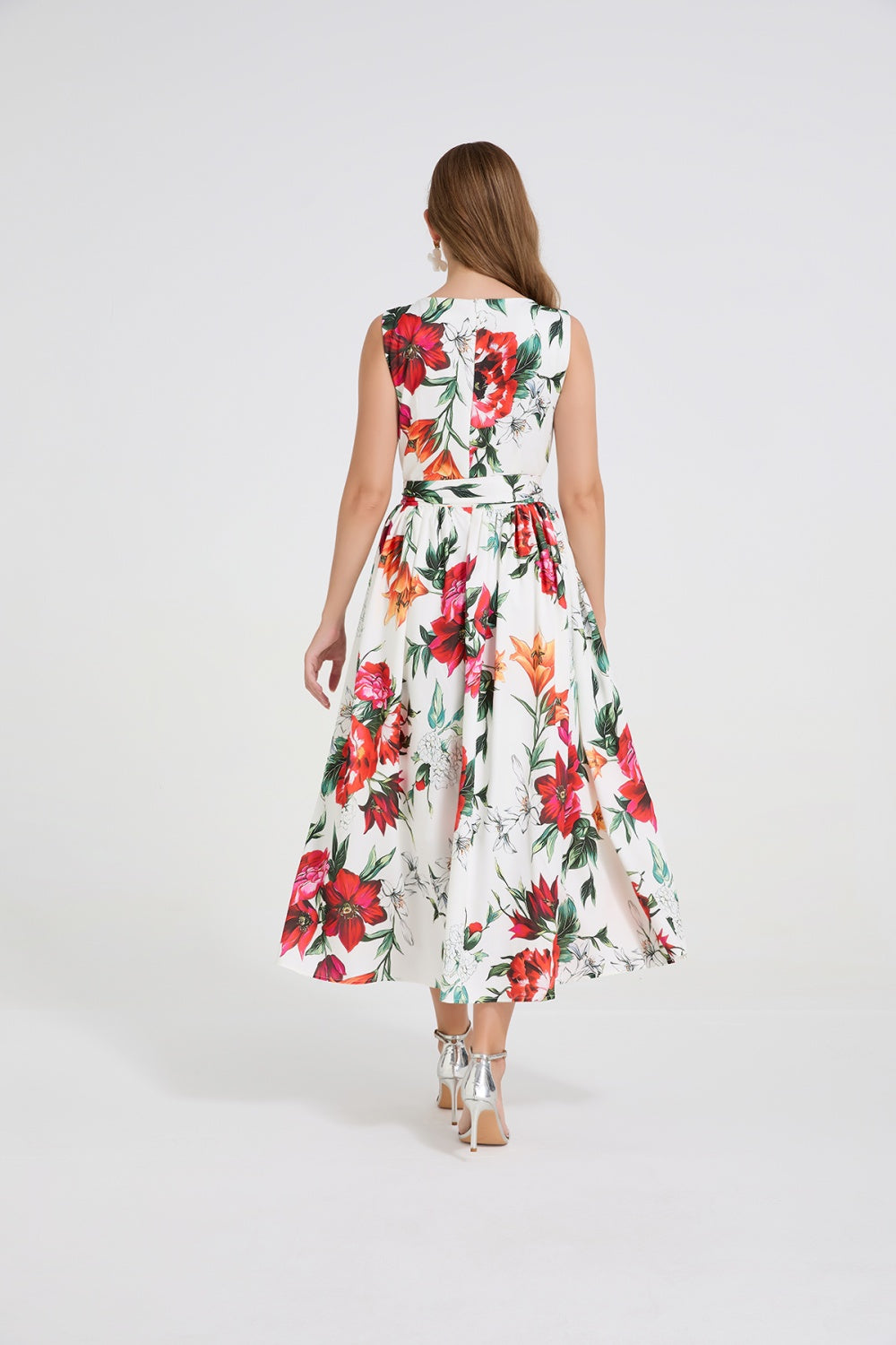 CM-DY058665 Women Elegant European Style Round Neck Sleeveless Floral Print Bow Decor Pinched Waist Dress