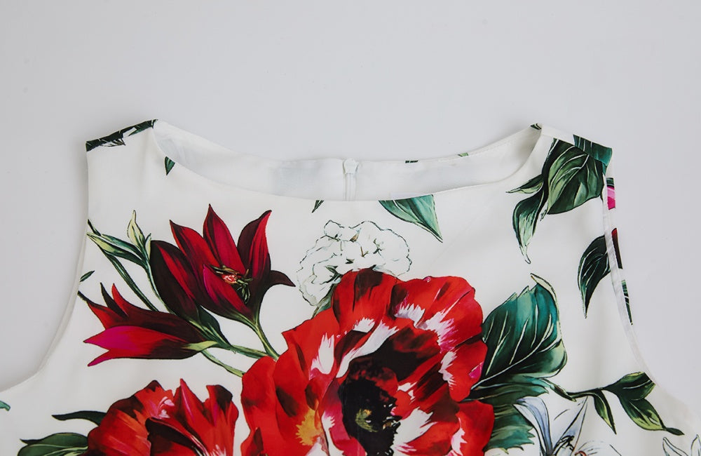 CM-DY058665 Women Elegant European Style Round Neck Sleeveless Floral Print Bow Decor Pinched Waist Dress