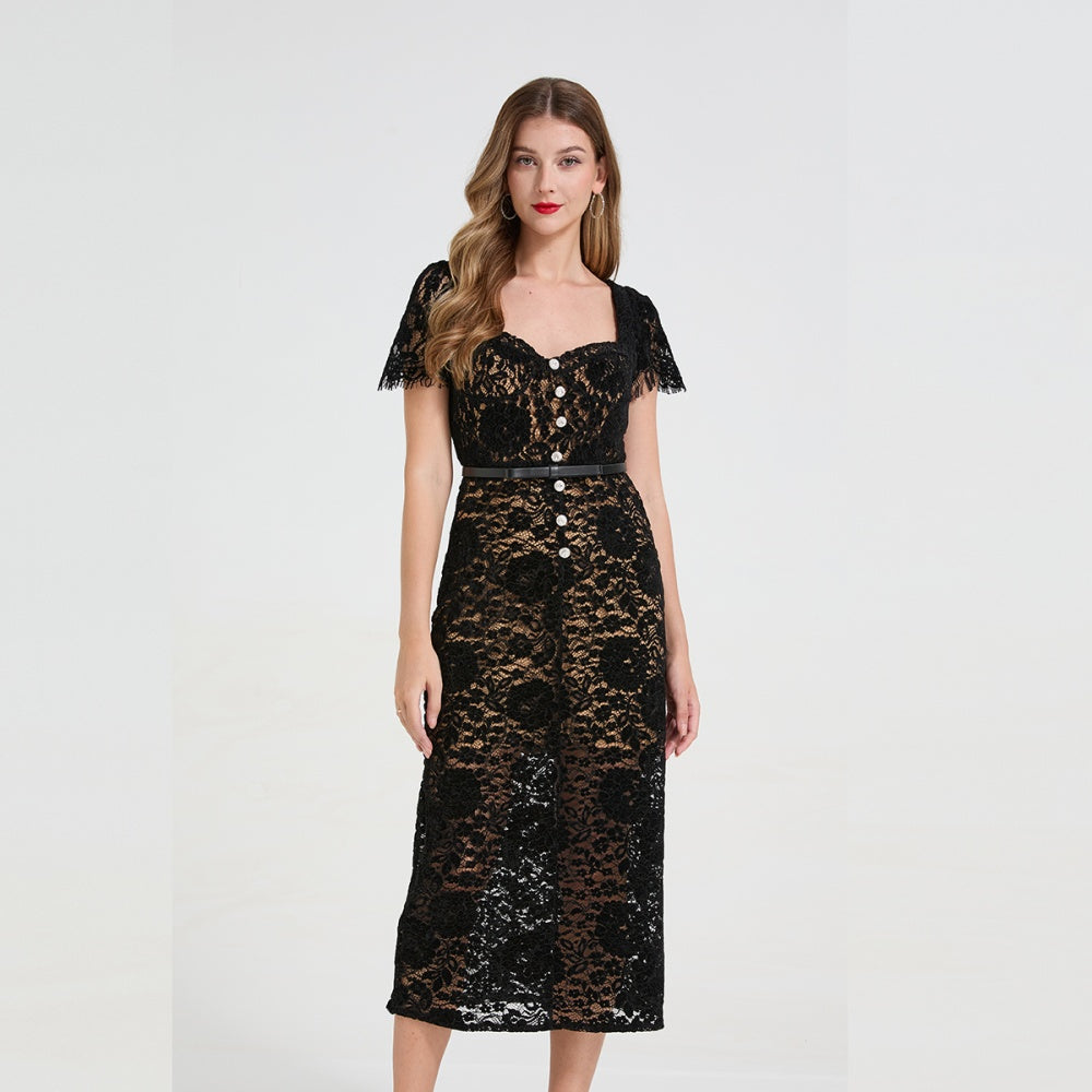 CM-DY058666 Women Elegant European Style Diamond Square Collar Cap Sleeve Lace Stereoscopic Midi Dress - Black