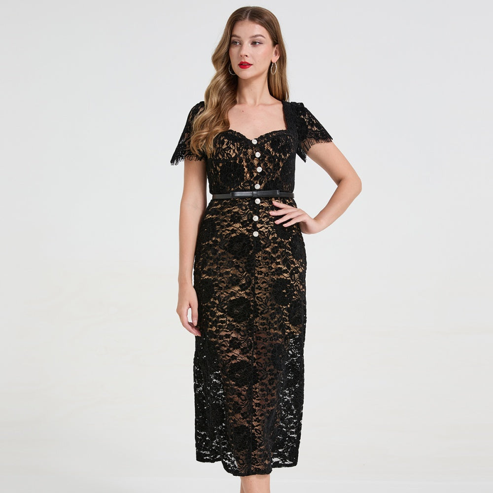 CM-DY058666 Women Elegant European Style Diamond Square Collar Cap Sleeve Lace Stereoscopic Midi Dress - Black