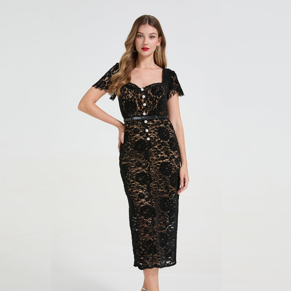 CM-DY058666 Women Elegant European Style Diamond Square Collar Cap Sleeve Lace Stereoscopic Midi Dress - Black