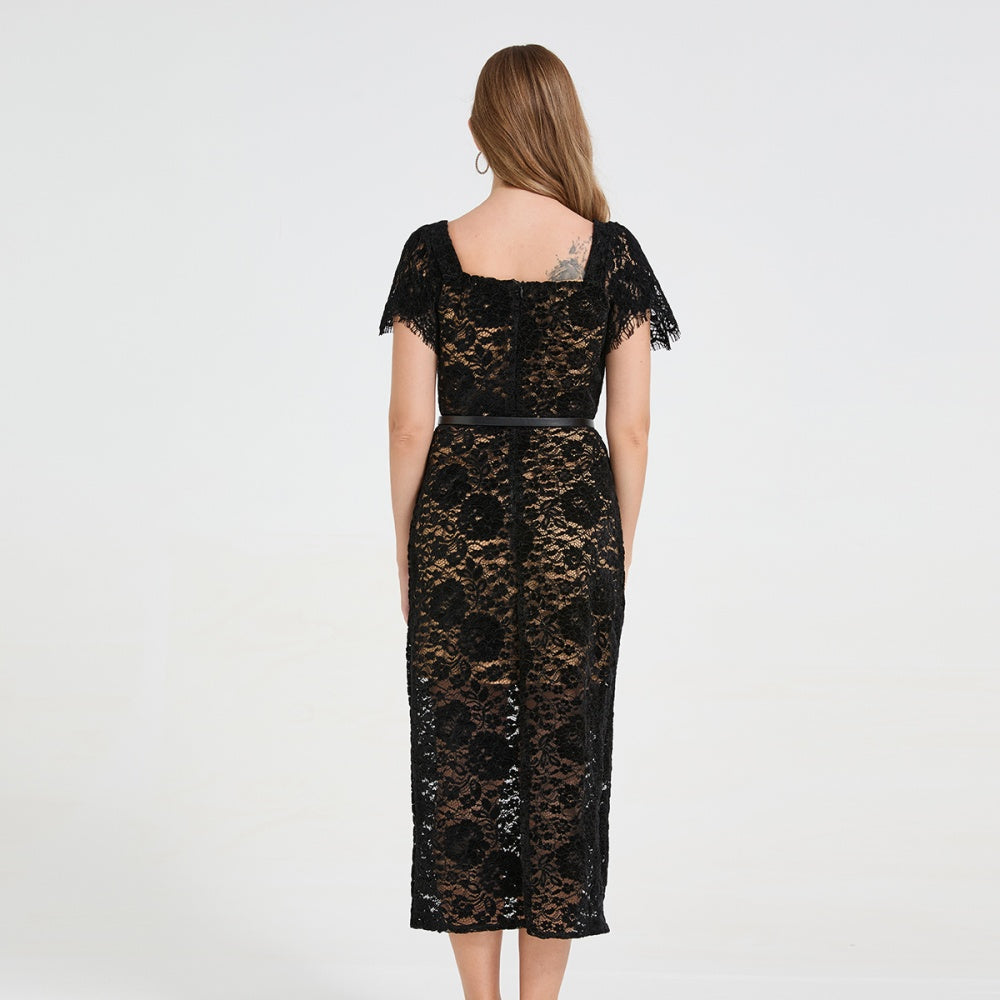 CM-DY058666 Women Elegant European Style Diamond Square Collar Cap Sleeve Lace Stereoscopic Midi Dress - Black