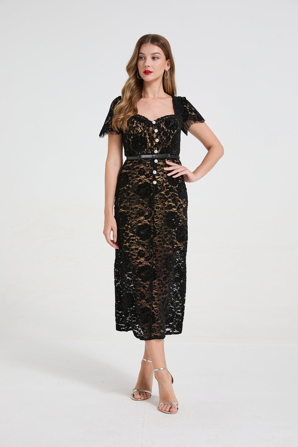 CM-DY058666 Women Elegant European Style Diamond Square Collar Cap Sleeve Lace Stereoscopic Midi Dress - Black