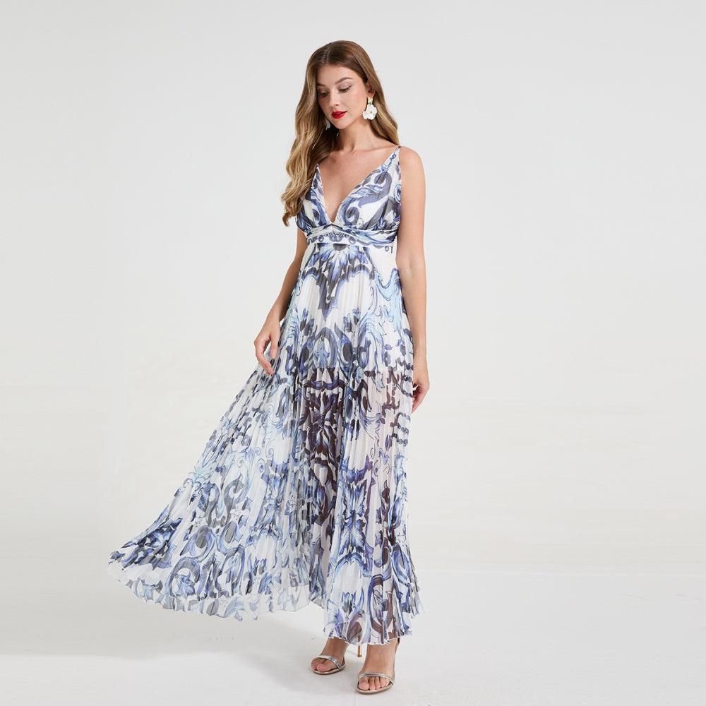 CM-DY058717 Women Elegant European Style Deep V-Neck Sleeveless Pleated Long Dress - Blue