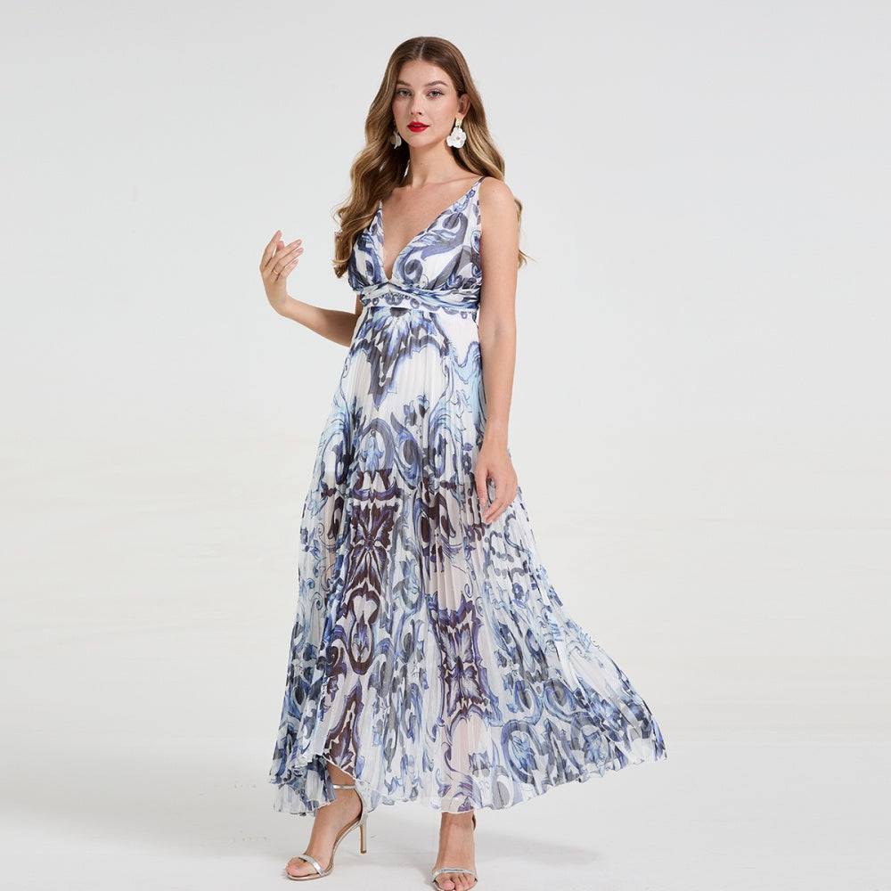 CM-DY058717 Women Elegant European Style Deep V-Neck Sleeveless Pleated Long Dress - Blue