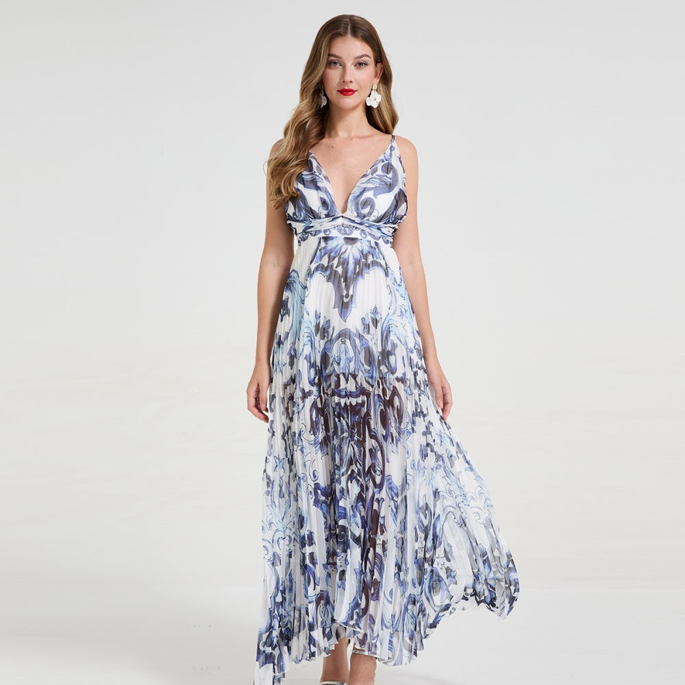 CM-DY058717 Women Elegant European Style Deep V-Neck Sleeveless Pleated Long Dress - Blue