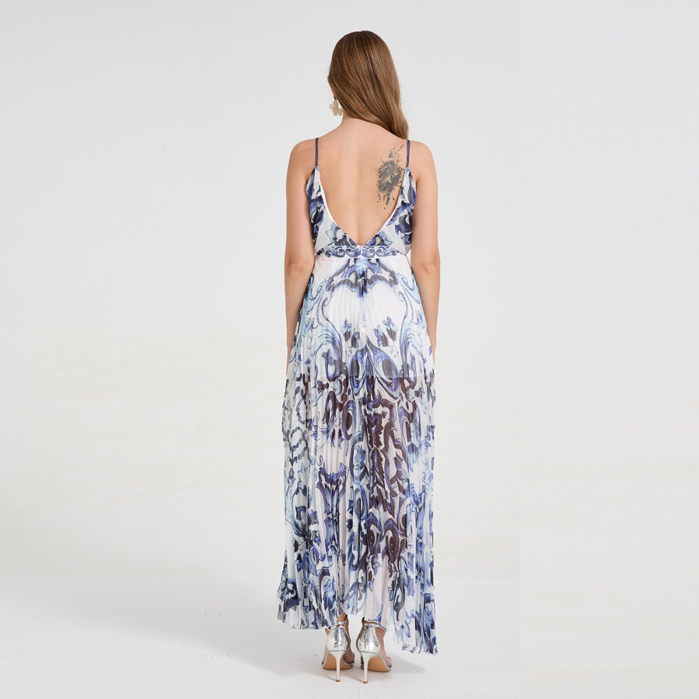 CM-DY058717 Women Elegant European Style Deep V-Neck Sleeveless Pleated Long Dress - Blue