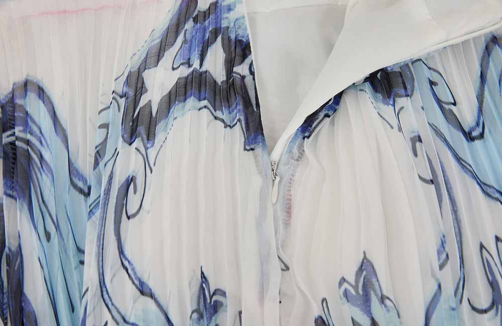 CM-DY058717 Women Elegant European Style Deep V-Neck Sleeveless Pleated Long Dress - Blue