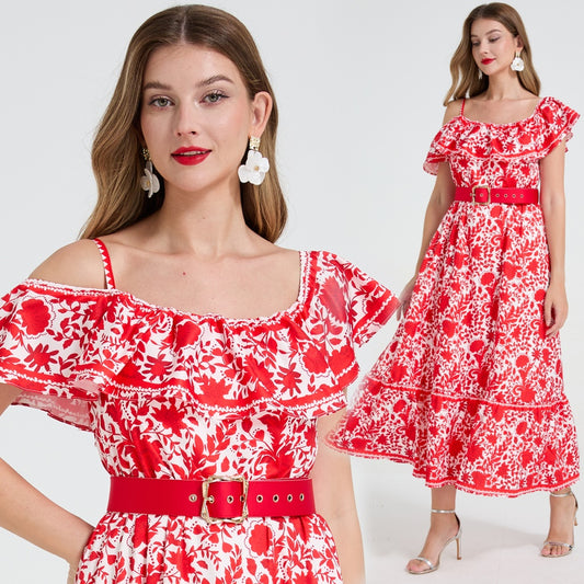 CM-DY058898 Women Elegant European Style Cold Shoulder Pinched Waist Midi Dress - Red