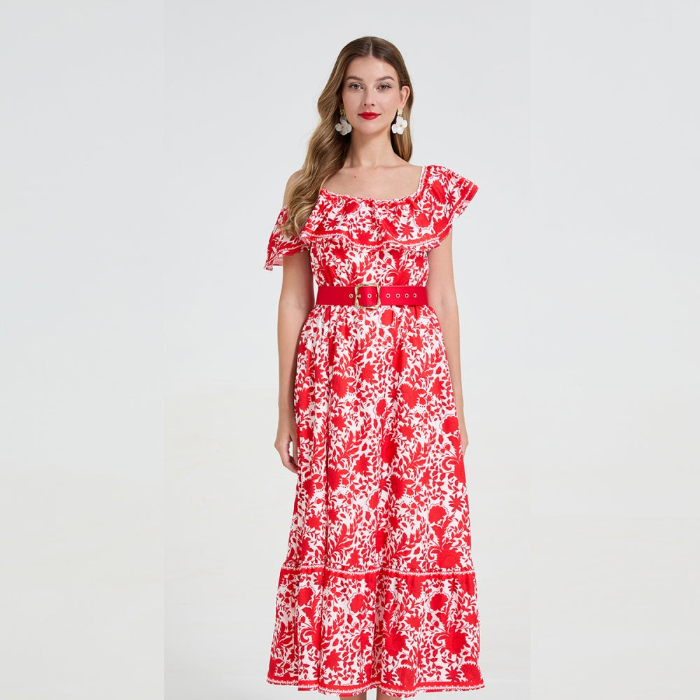CM-DY058898 Women Elegant European Style Cold Shoulder Pinched Waist Midi Dress - Red