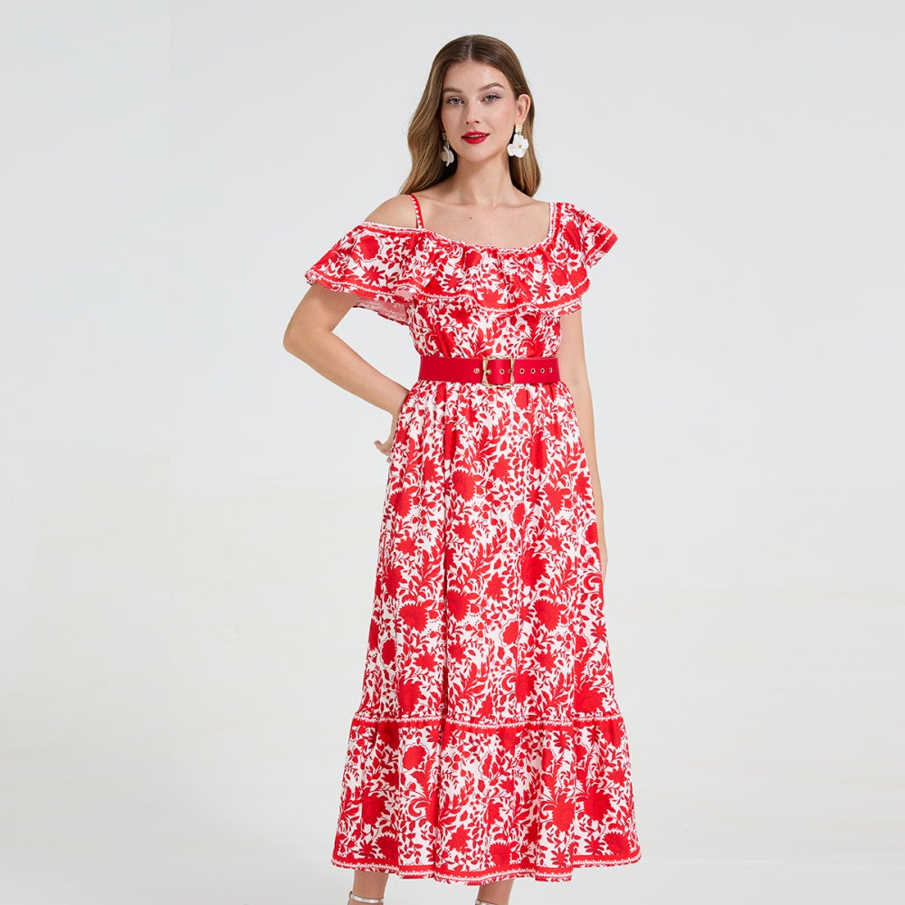 CM-DY058898 Women Elegant European Style Cold Shoulder Pinched Waist Midi Dress - Red
