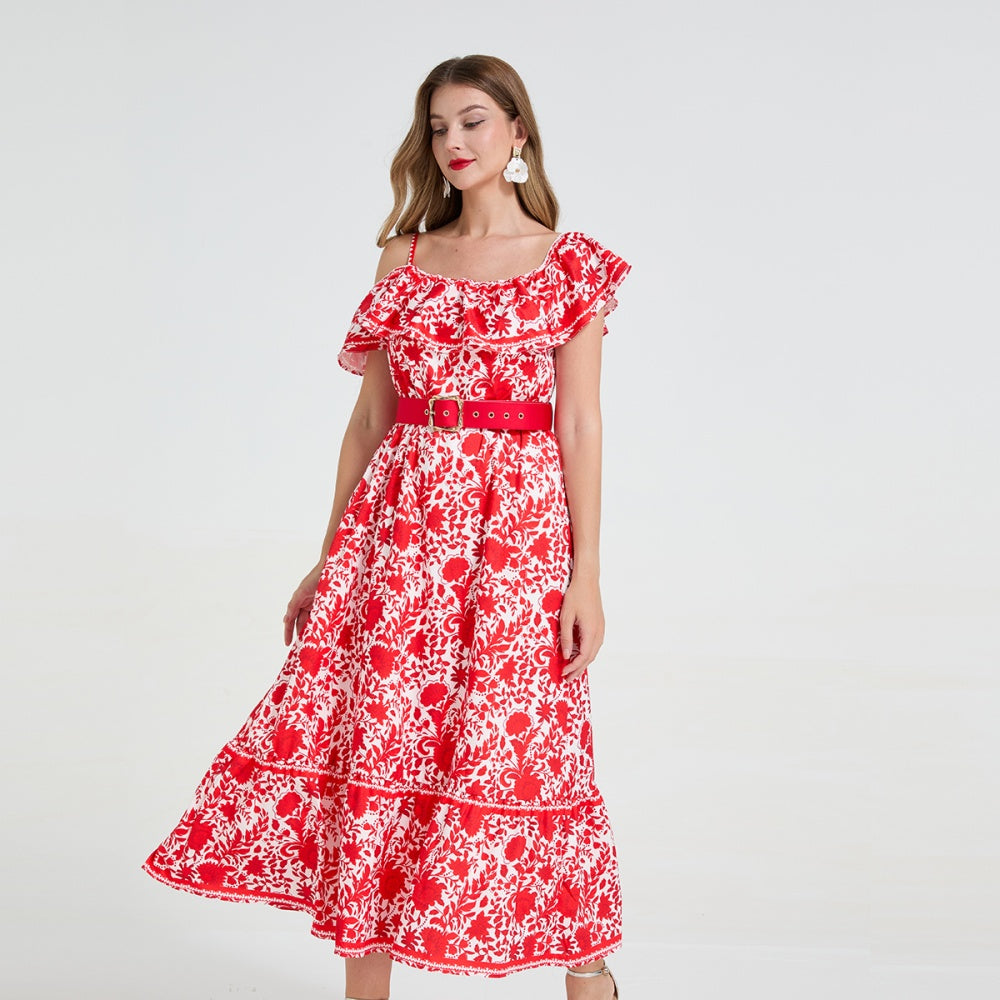 CM-DY058898 Women Elegant European Style Cold Shoulder Pinched Waist Midi Dress - Red