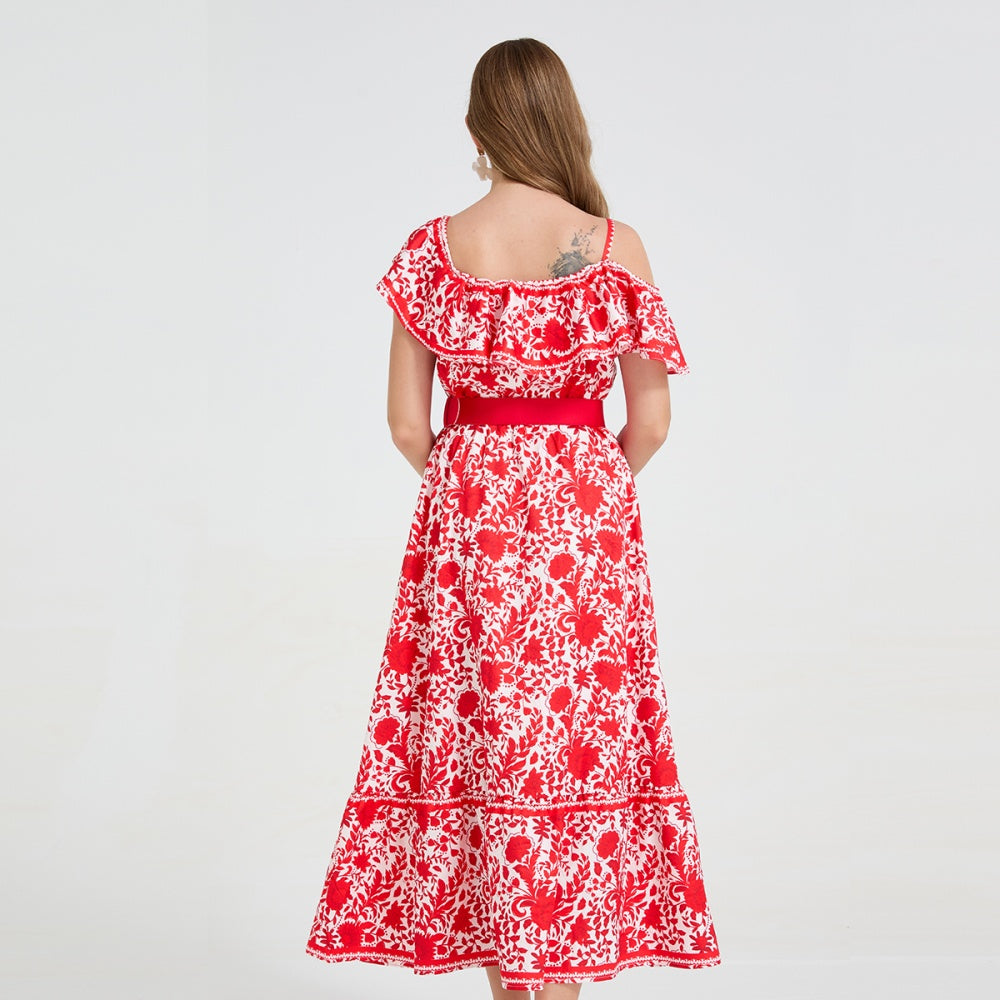 CM-DY058898 Women Elegant European Style Cold Shoulder Pinched Waist Midi Dress - Red